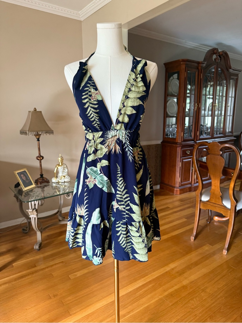 Vintage Navy Tropical Print Mini Dress